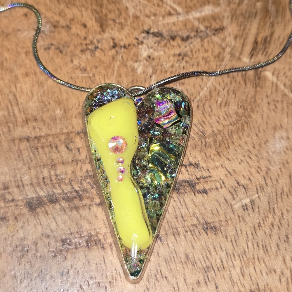 New! Handmade dichroic glass epoxy necklace with multi colored oil slick chain